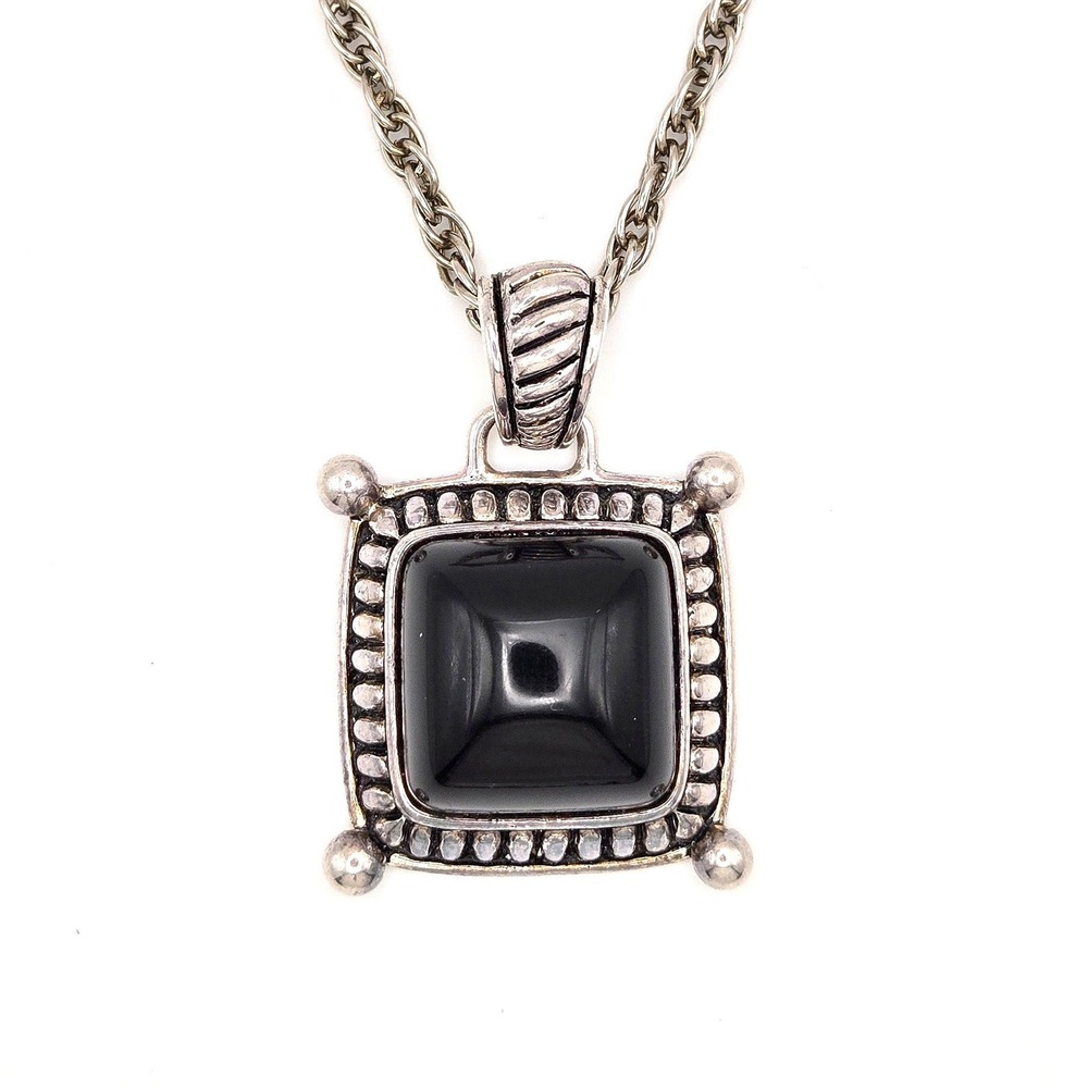 Premier Designs Silver Tone with‎ Black Square Acrylic Gemstone Pendant Necklace
